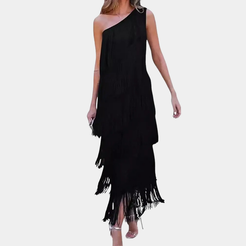 Elegante ein-schulter Kleid mit stilvollen Quasten