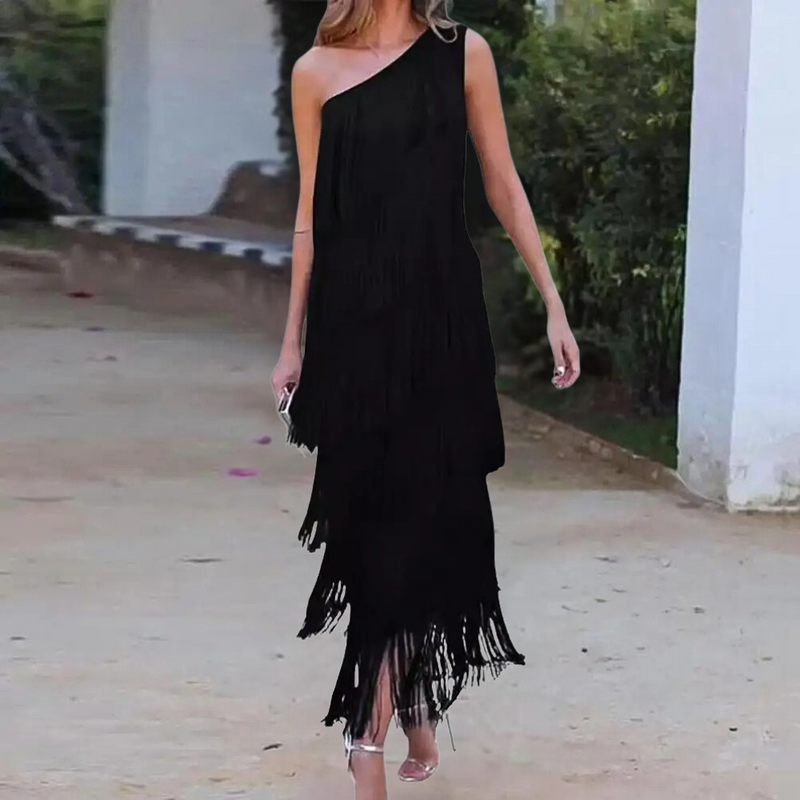 Elegante ein-schulter Kleid mit stilvollen Quasten