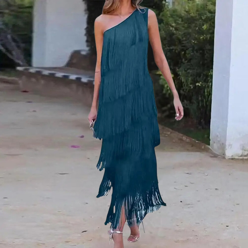 Elegante ein-schulter Kleid mit stilvollen Quasten