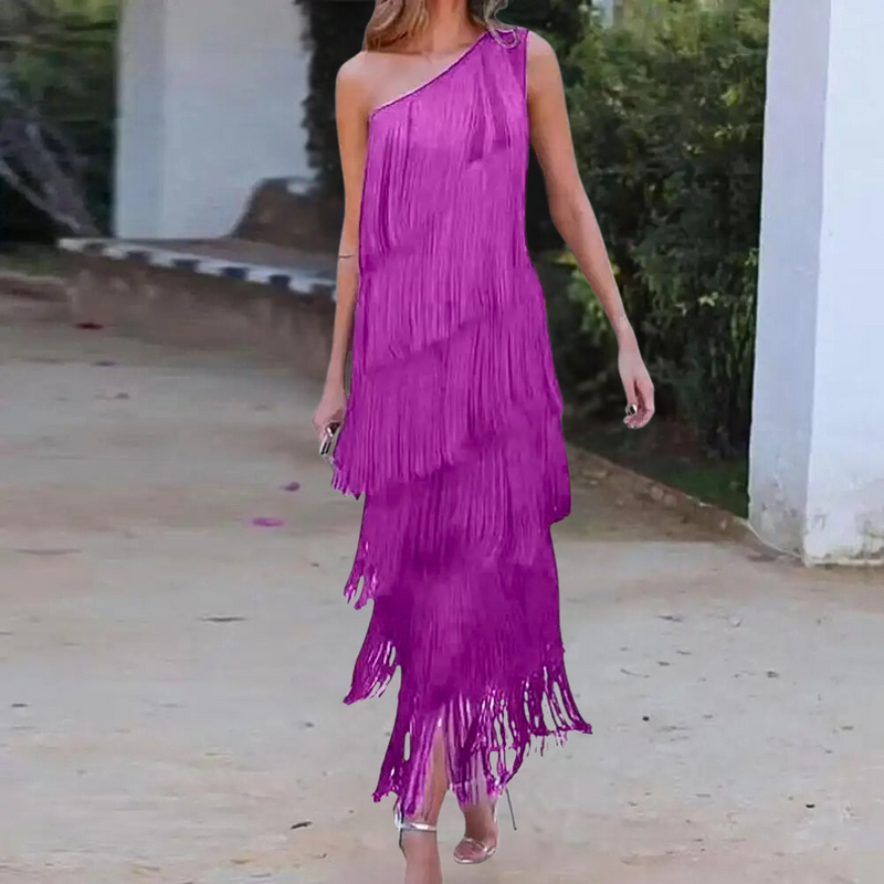 Elegante ein-schulter Kleid mit stilvollen Quasten