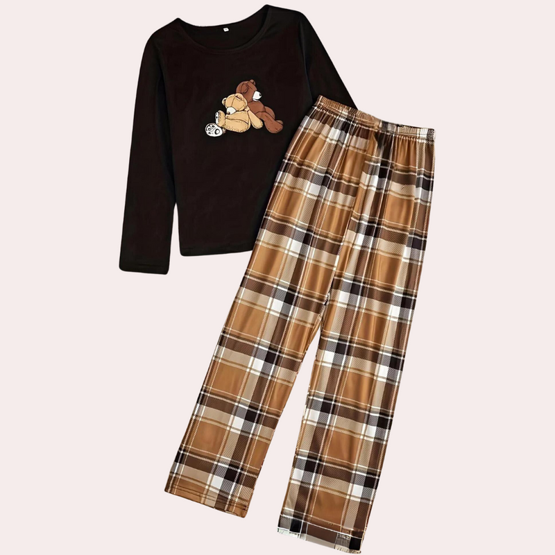 Inge - Bequemes Ensemble aus Oberteil mit Rundhalsausschnitt und karierter Hose
