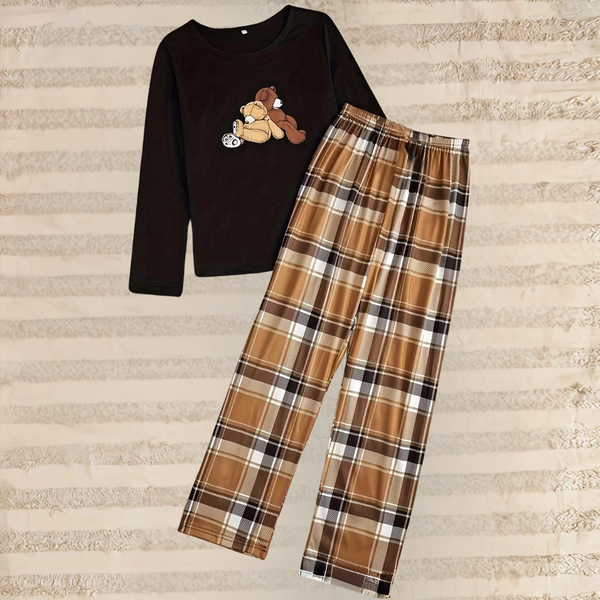 Inge - Bequemes Ensemble aus Oberteil mit Rundhalsausschnitt und karierter Hose