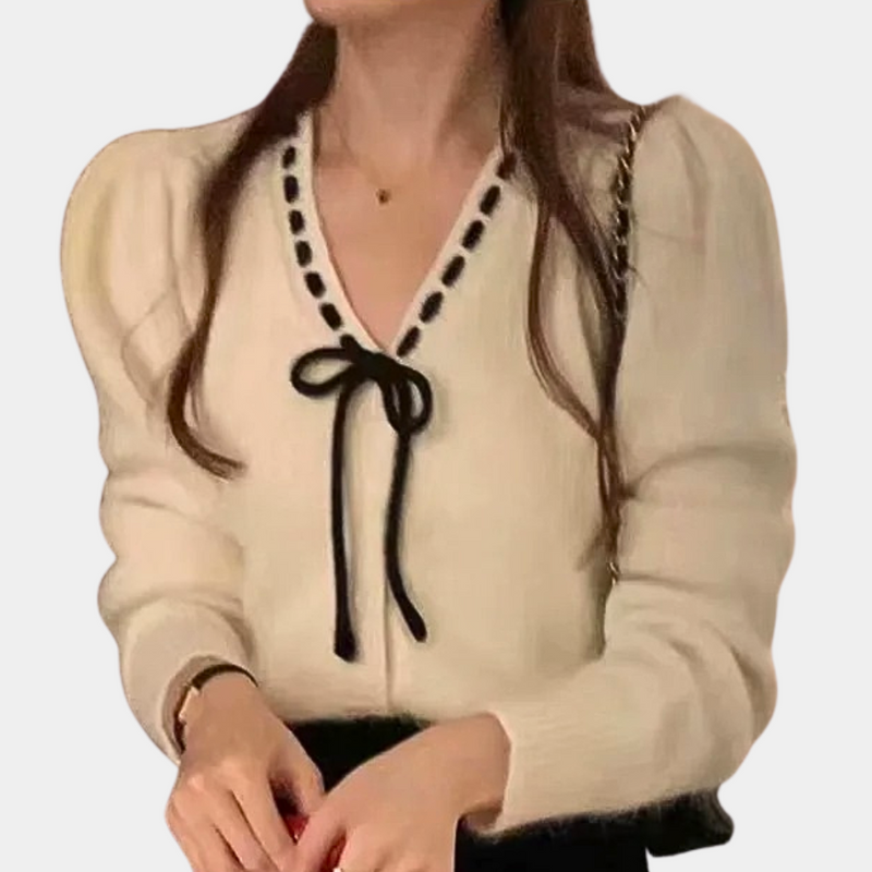 Anthoula - Eleganter Damenpullover mit V-Ausschnitt und Schleife