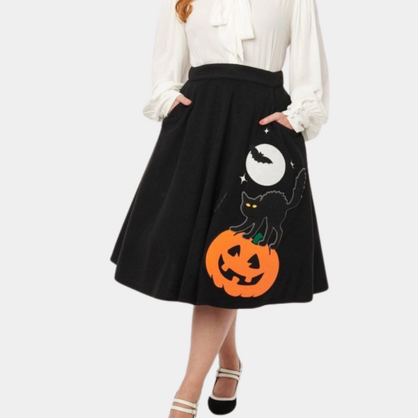 Verspielter Halloween-Rock mit Kürbis und Katze für Damen