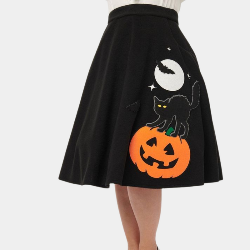 Verspielter Halloween-Rock mit Kürbis und Katze für Damen