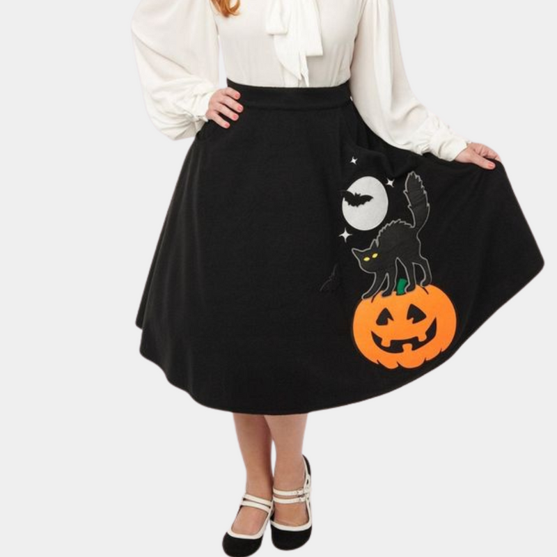 Verspielter Halloween-Rock mit Kürbis und Katze für Damen