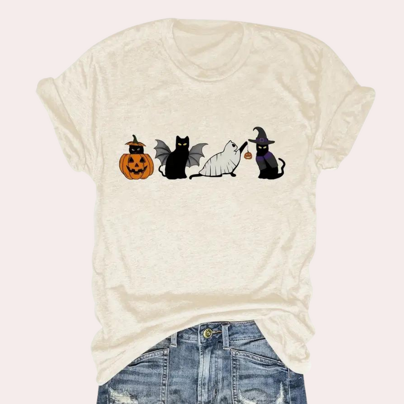 Kati - Verspielte Katze & Kürbis Grafik Shirt