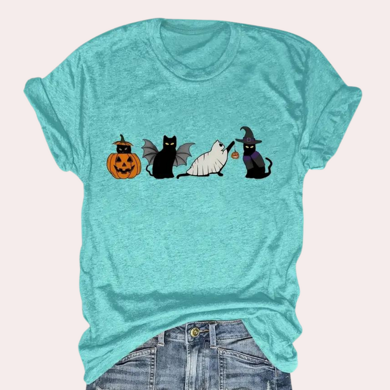 Kati - Verspielte Katze & Kürbis Grafik Shirt