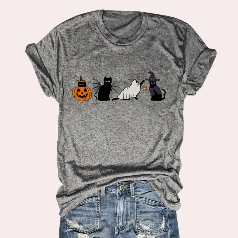 Kati - Verspielte Katze & Kürbis Grafik Shirt