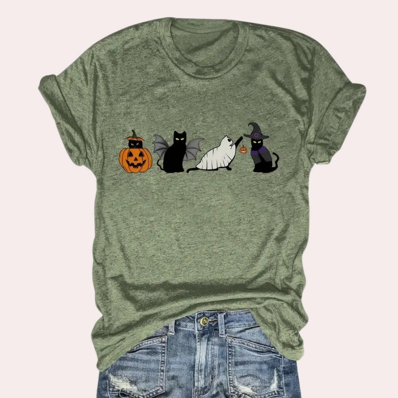 Kati - Verspielte Katze & Kürbis Grafik Shirt