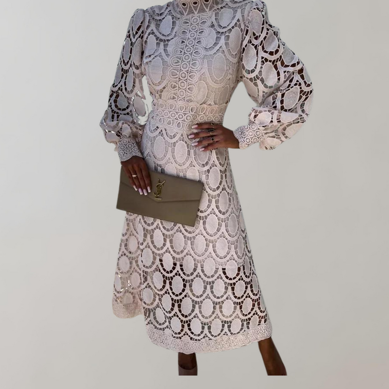 Midikleid mit hohem Halsausschnitt und Spitzendetails | Kleid mit Puffärmeln und taillierten Bündchen