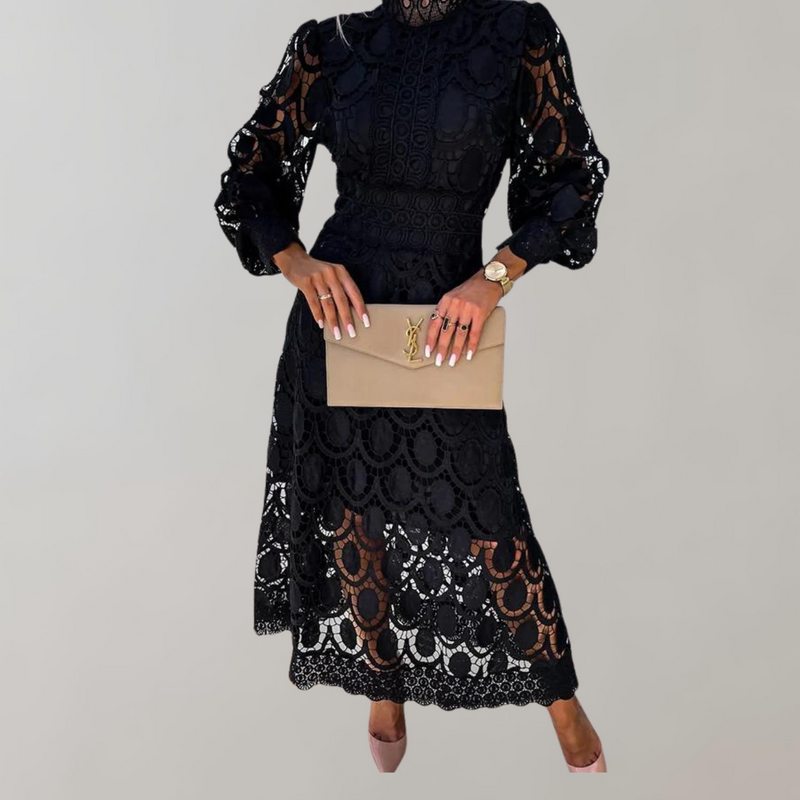 Midikleid mit hohem Halsausschnitt und Spitzendetails | Kleid mit Puffärmeln und taillierten Bündchen