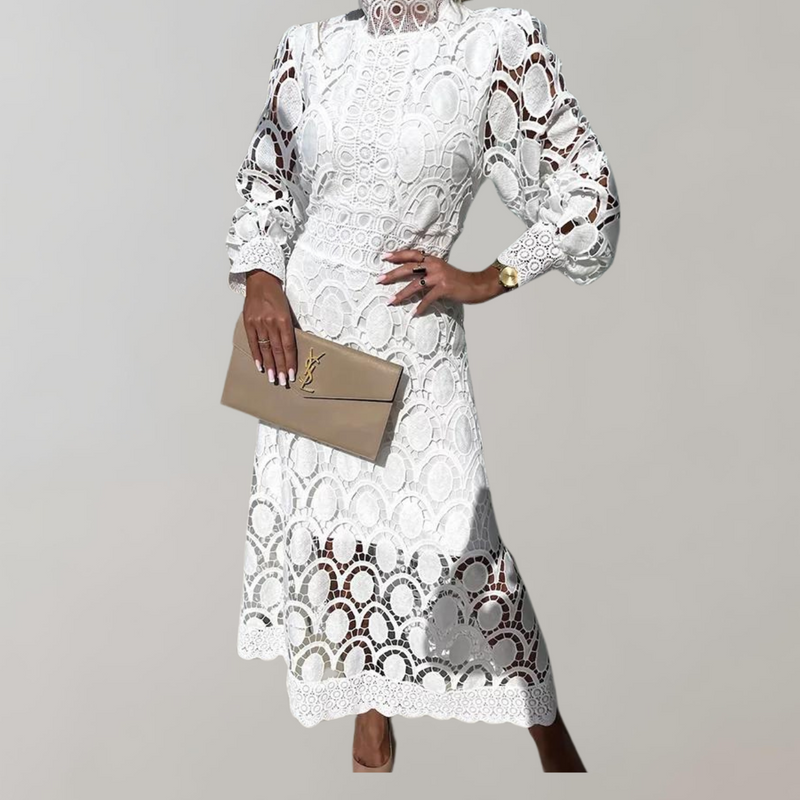Midikleid mit hohem Halsausschnitt und Spitzendetails | Kleid mit Puffärmeln und taillierten Bündchen
