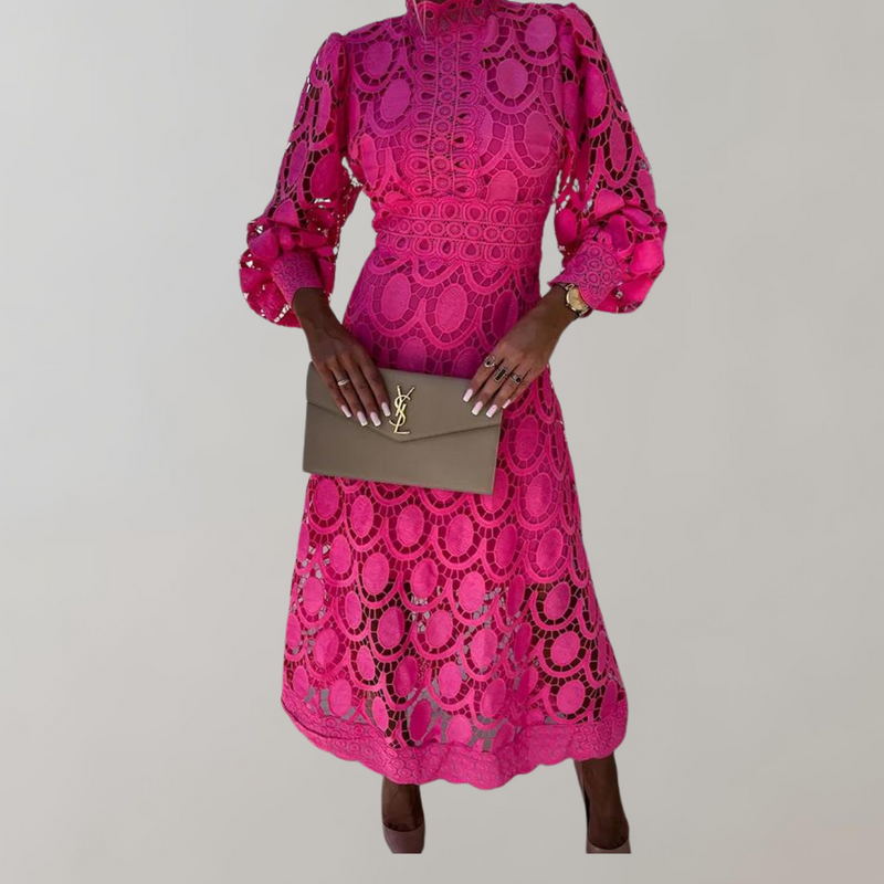 Midikleid mit hohem Halsausschnitt und Spitzendetails | Kleid mit Puffärmeln und taillierten Bündchen