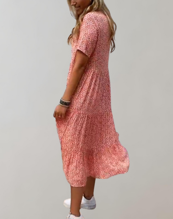 Lässiges, kurzärmliges Midikleid mit Blumenmuster | fließendes Kleid für Damen