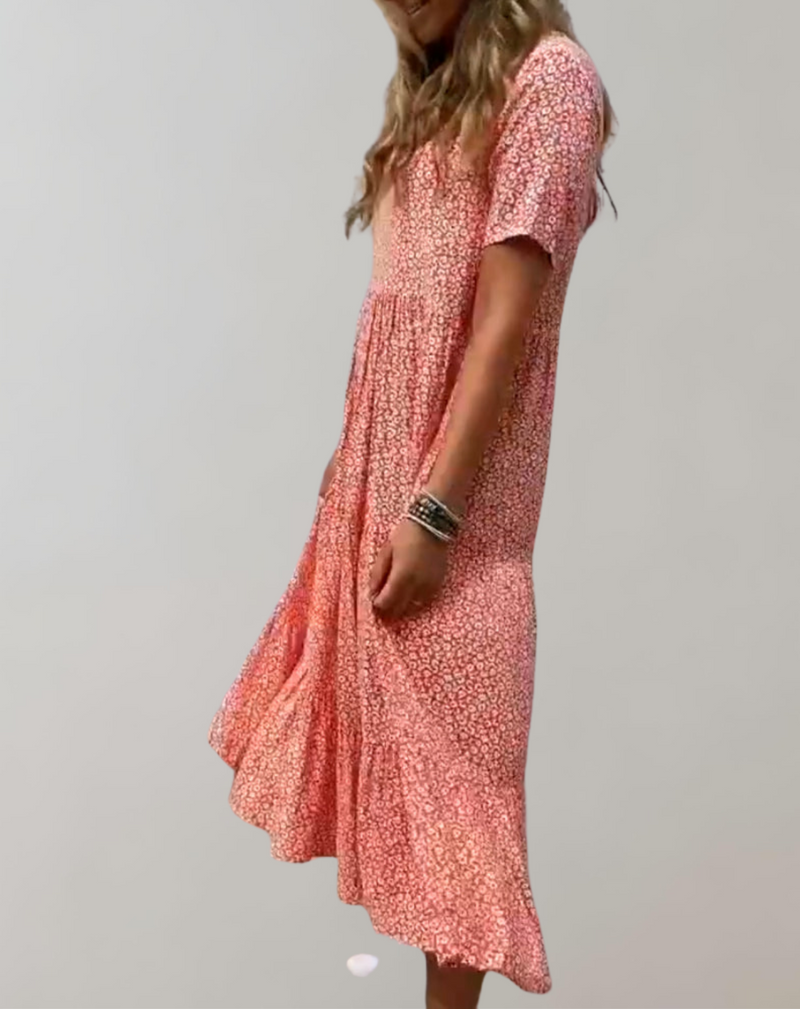 Lässiges, kurzärmliges Midikleid mit Blumenmuster | fließendes Kleid für Damen