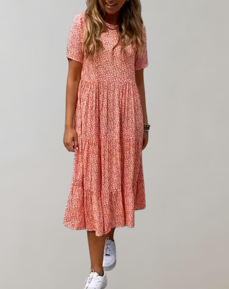 Lässiges, kurzärmliges Midikleid mit Blumenmuster | fließendes Kleid für Damen