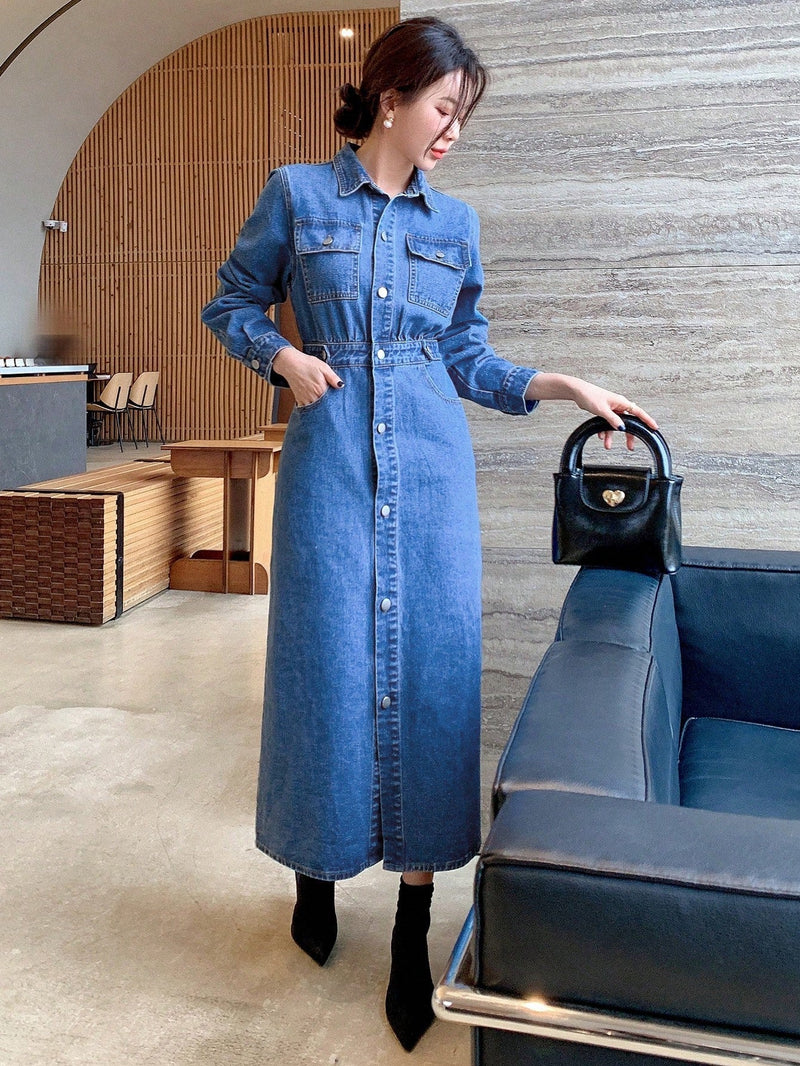 Knopf-Front Klappentaschen Langarm-Jeanskleid