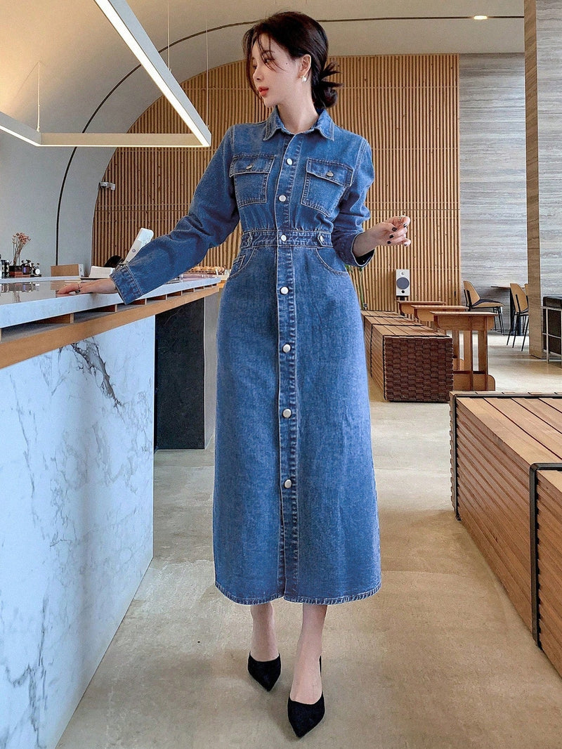 Knopf-Front Klappentaschen Langarm-Jeanskleid