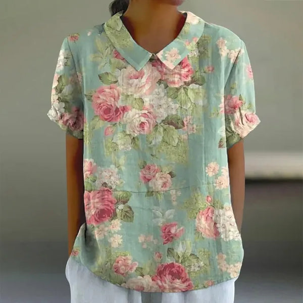 Lisa - Damen-T-Shirt aus Baumwolle und Leinen mit Retro-Blumenmotiv