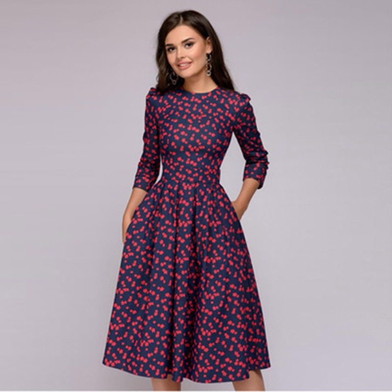 Kuscheliges geblümtes Kleid drei Viertel Ärmel für dich