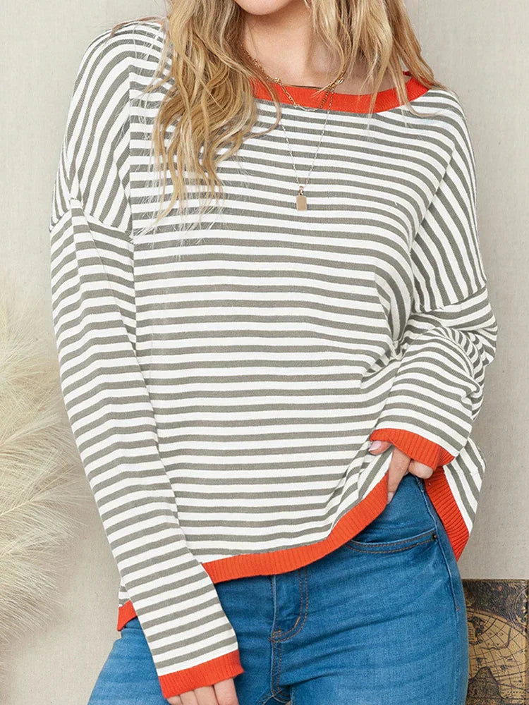 Luise - Orange, marineblau und weiß gestreifter Langarmpullover