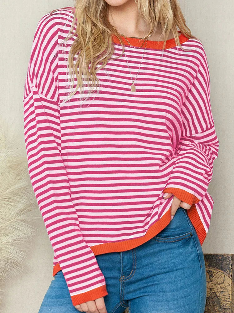 Luise - Orange, marineblau und weiß gestreifter Langarmpullover