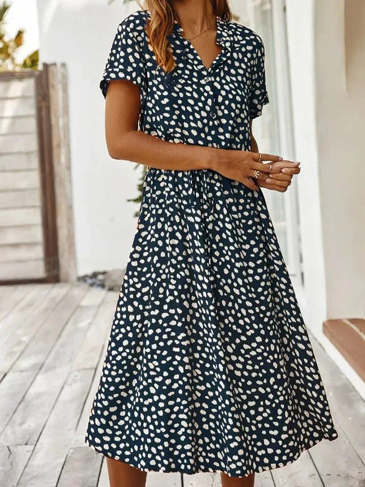 Weiches - Elegantes kurzärmliges Hemdblusenkleid mit Polka Dots und Kordelzug in der Taille für dich