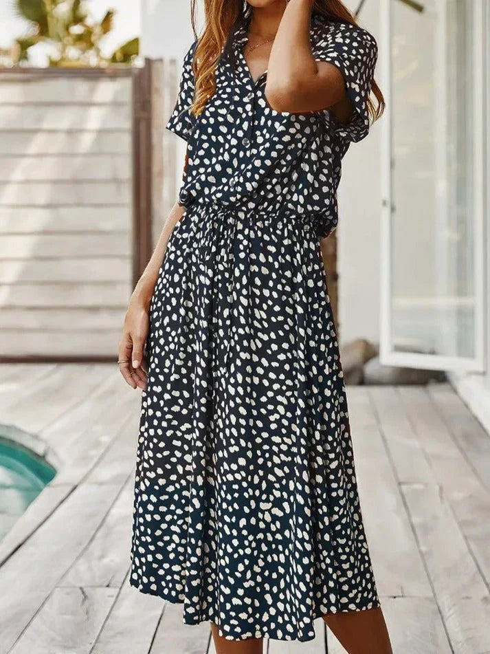 Weiches - Elegantes kurzärmliges Hemdblusenkleid mit Polka Dots und Kordelzug in der Taille für dich
