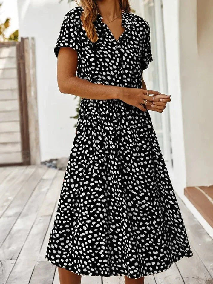 Weiches - Elegantes kurzärmliges Hemdblusenkleid mit Polka Dots und Kordelzug in der Taille für dich
