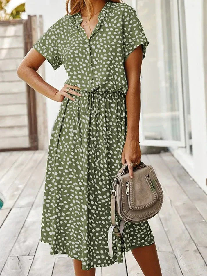 Weiches - Elegantes kurzärmliges Hemdblusenkleid mit Polka Dots und Kordelzug in der Taille für dich