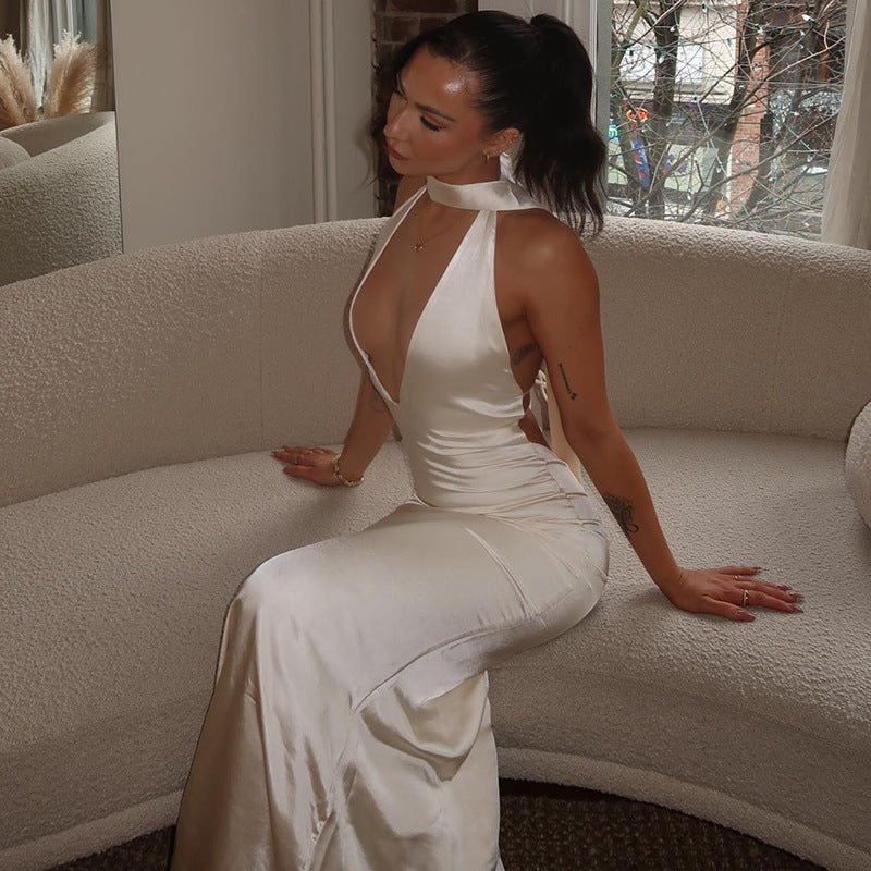 Elegantes Satin Kleid Mit Bindekragen Für Frauen