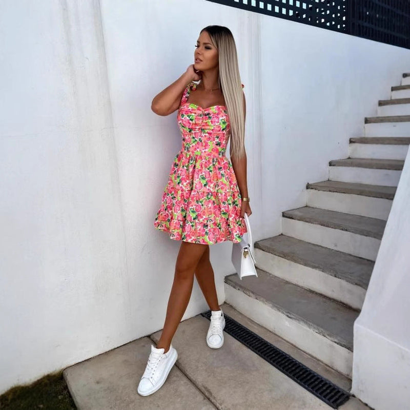 Schönes Elegantes Heidi -Gedrucktes Trägerband-Taille Kleid