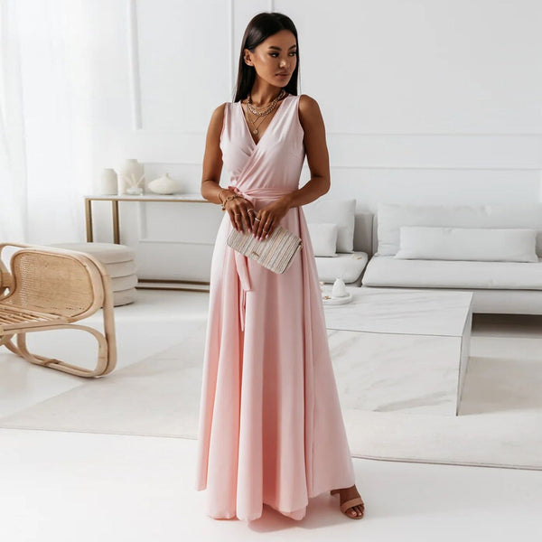 Elegantes Damen einfarbig V-Ausschnitt Langes Kleid