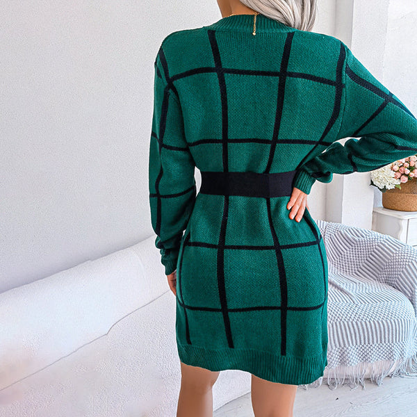 Warmes Kleid | Lockeres Strickkleid mit Karo-muster und langen Ärmeln für dich