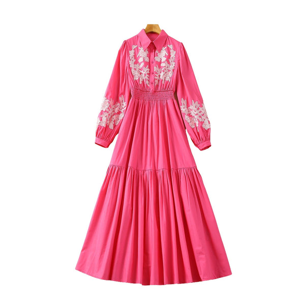 Revers Elastische Taille Langarm Kleid