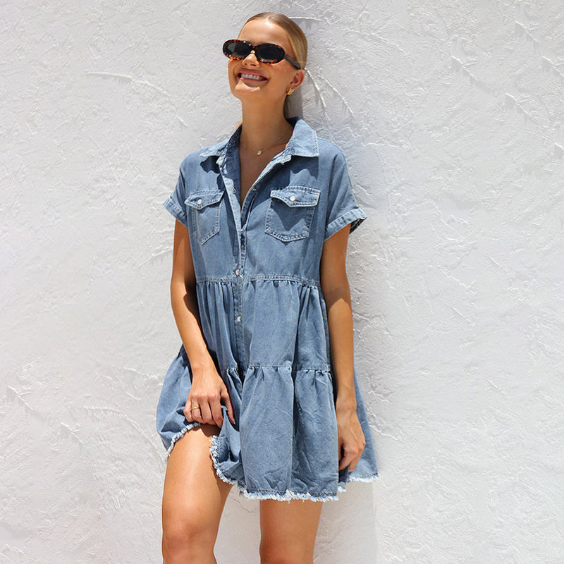 Bequemes Heidi -Taschen Lockere Hemd Denim Kleid