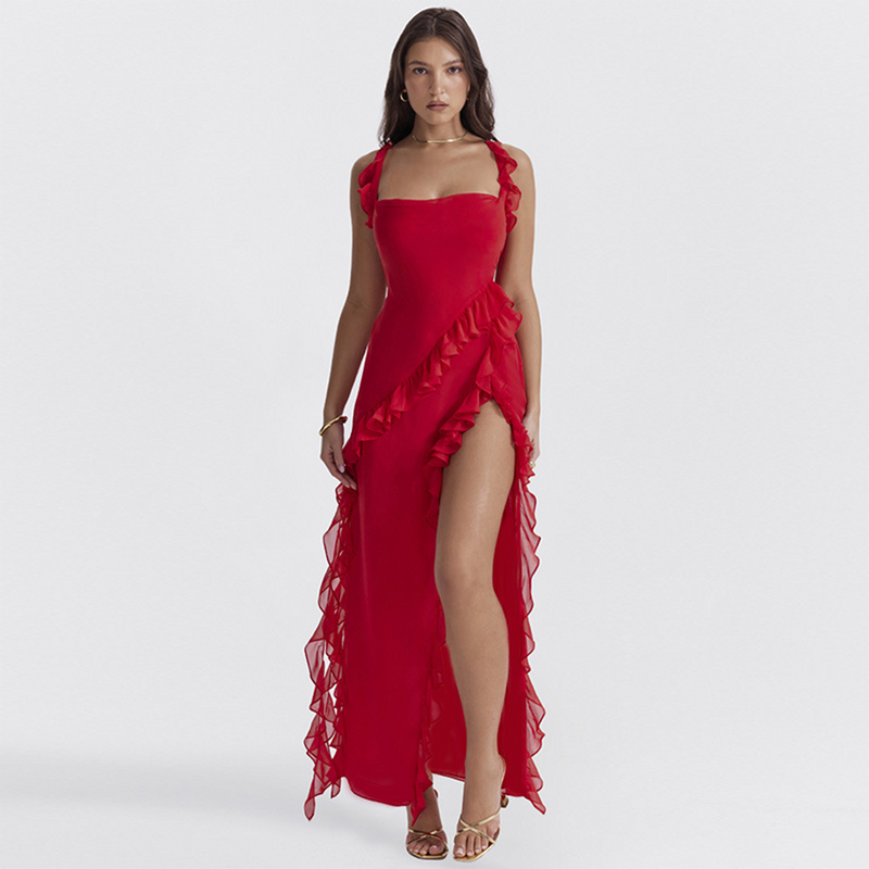 Elegantes gerüscht Maxi-Kleid für sommerliche Anlässe