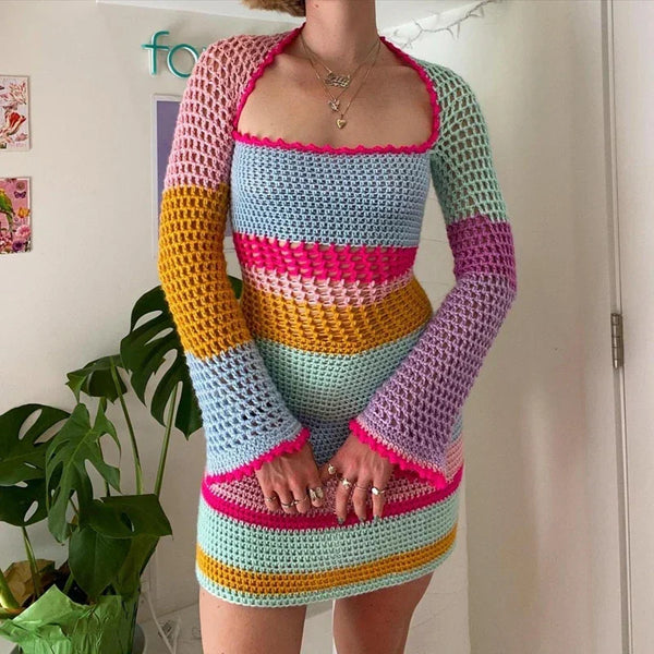 Warmes | Buntes Häkelkleid mit Langen Ärmeln für dich