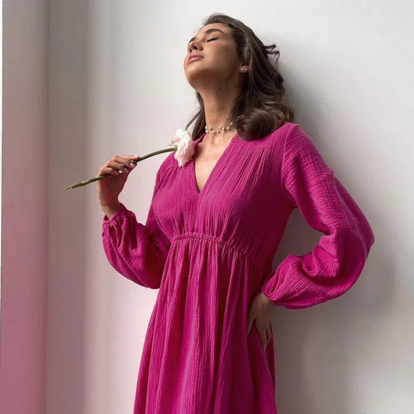 Bequemes | Kleid mit V-Ausschnitt und Ballonärmeln für dich