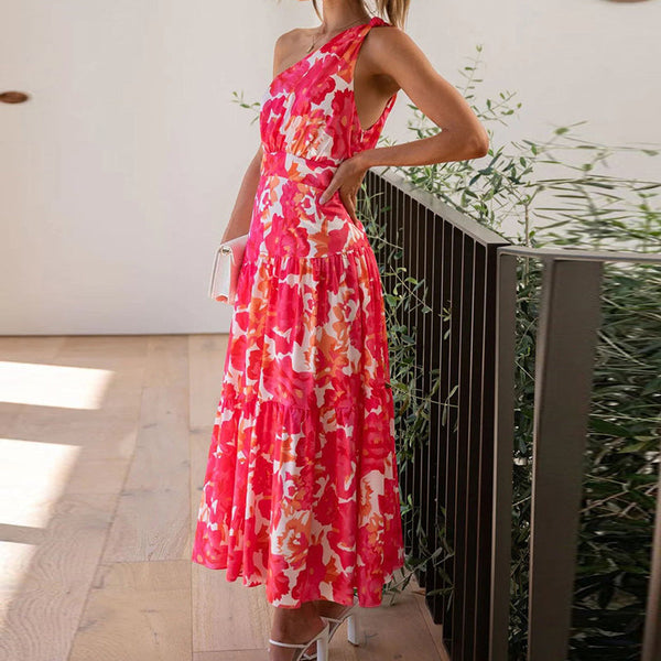 Midi Ein-Schulter-Kleid mit Blumenmuster