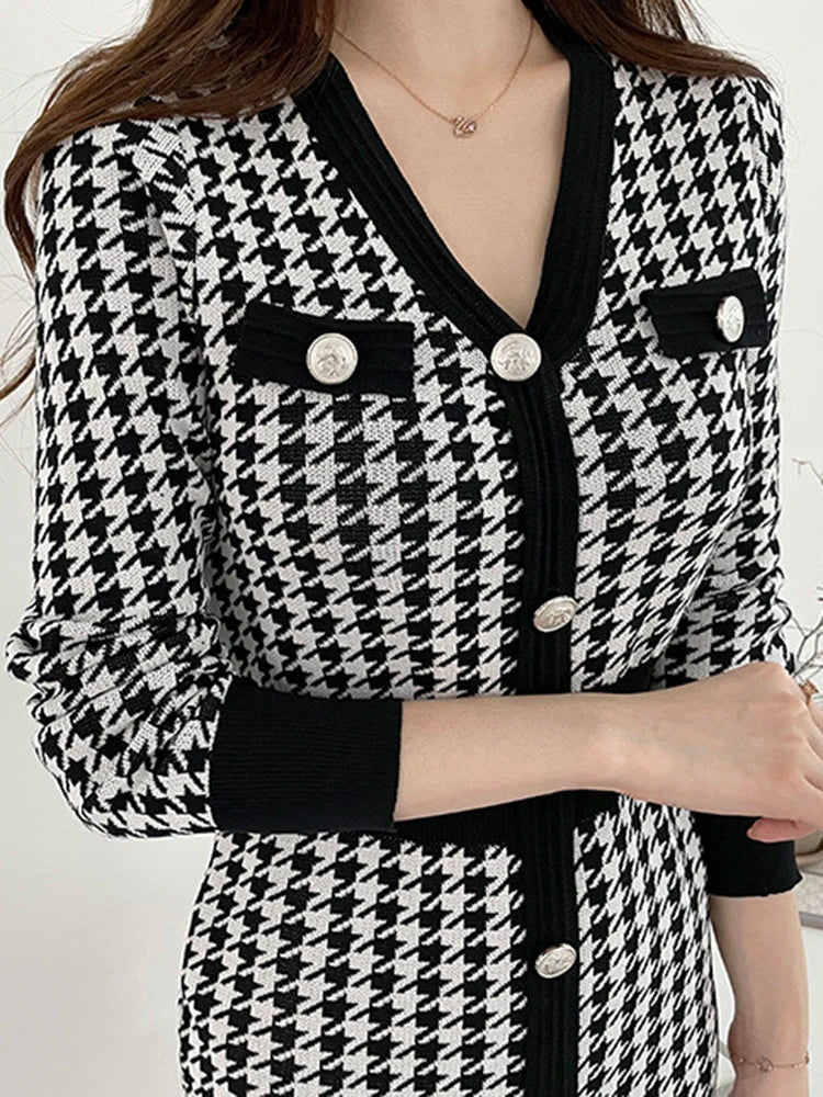 Elegante Midi-Kleid mit Pied-de-Poule-Druck