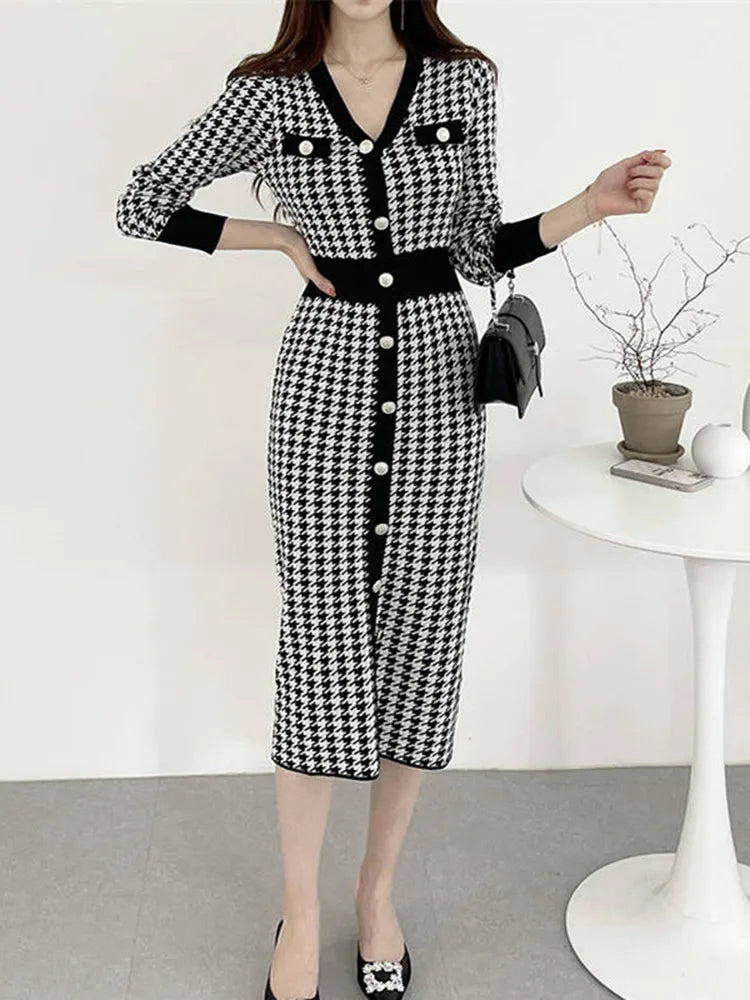 Elegante Midi-Kleid mit Pied-de-Poule-Druck
