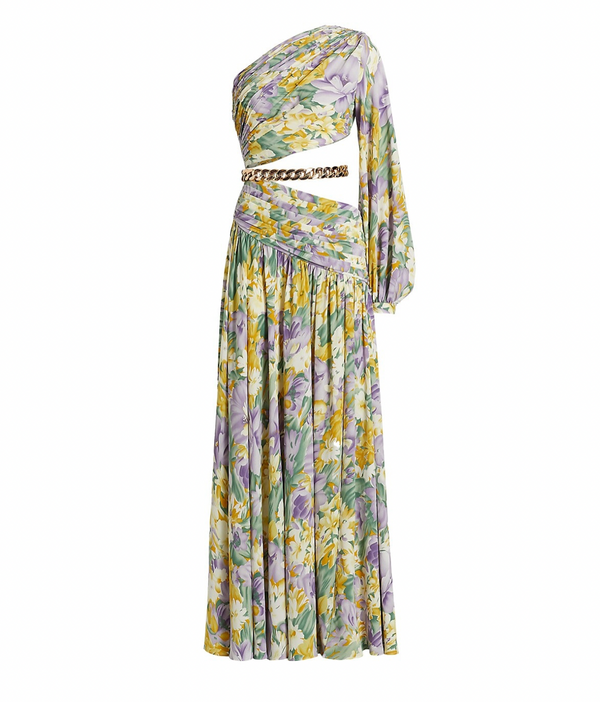 Weiches langärmliges Blumenkleid mit goldener Taillenkette für dich