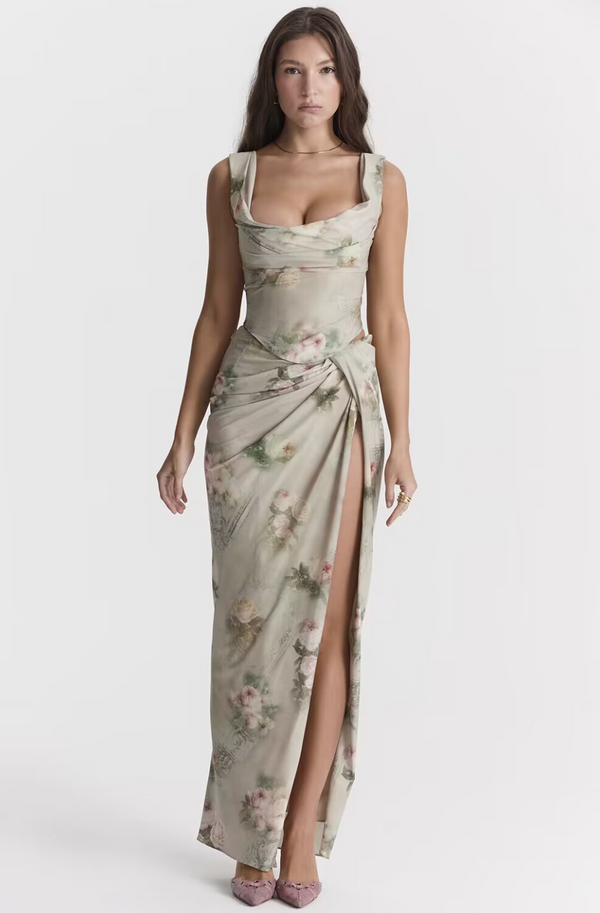 Elegantes Maxikleid mit Blumenmuster und Schnürung