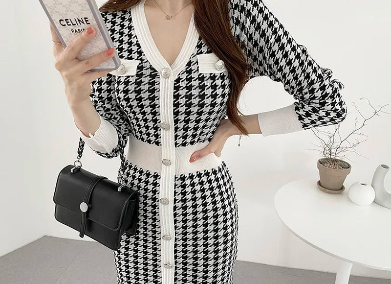Elegante Midi-Kleid mit Pied-de-Poule-Druck
