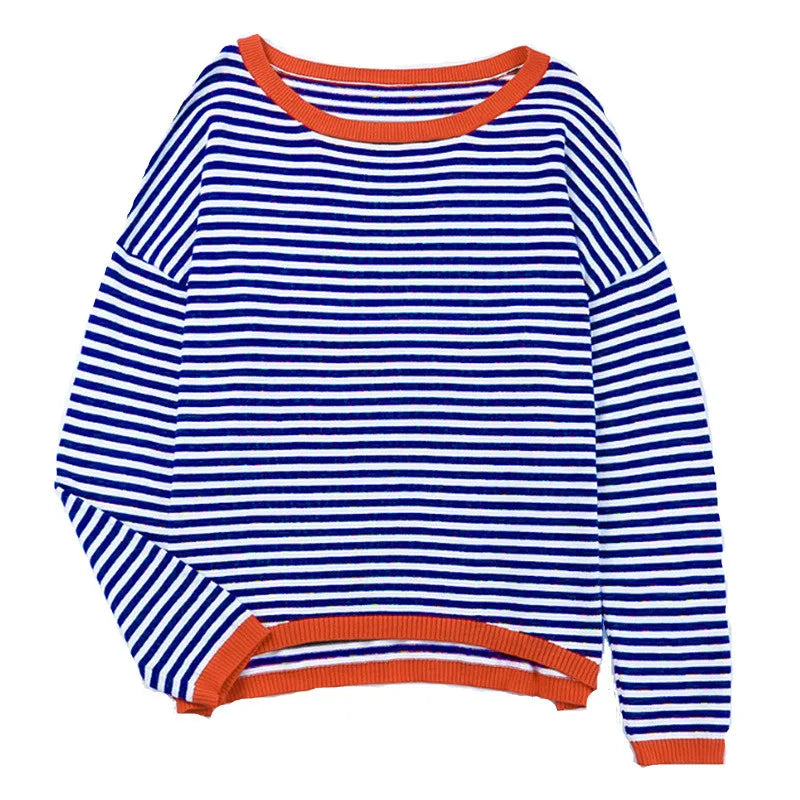 Luise - Orange, marineblau und weiß gestreifter Langarmpullover