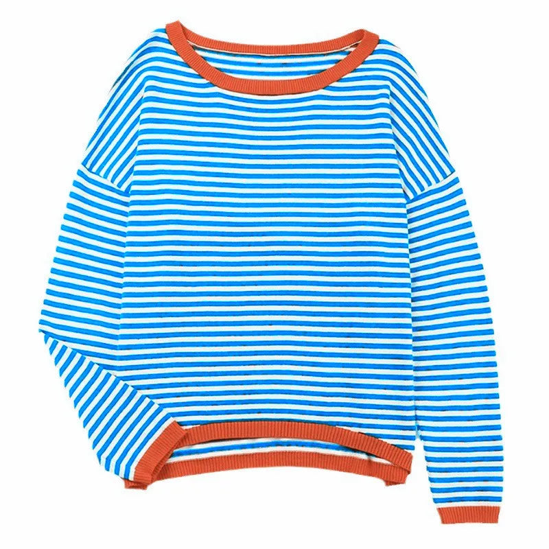 Luise - Orange, marineblau und weiß gestreifter Langarmpullover