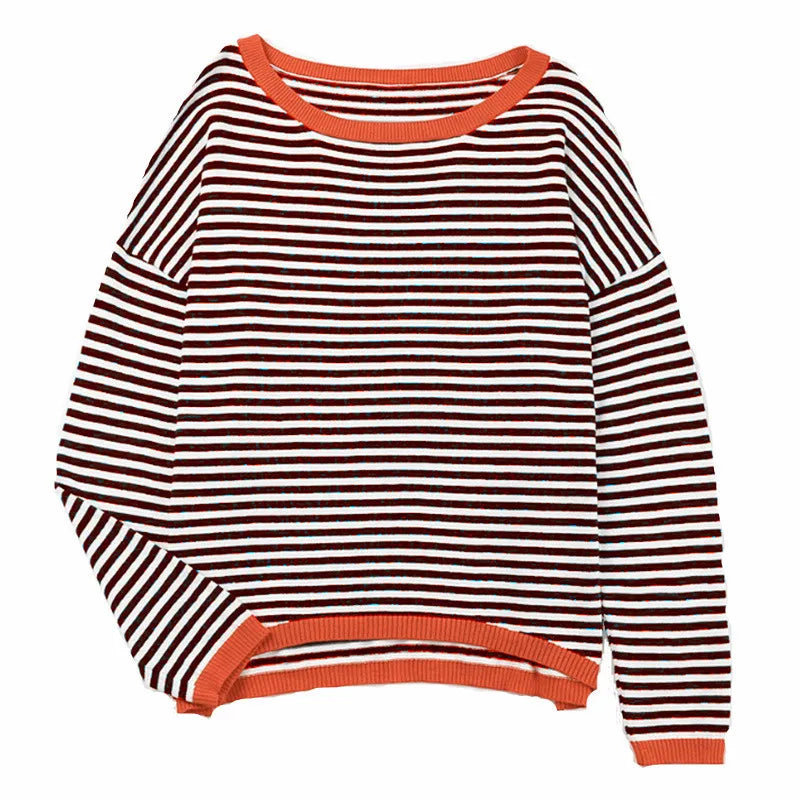Luise - Orange, marineblau und weiß gestreifter Langarmpullover