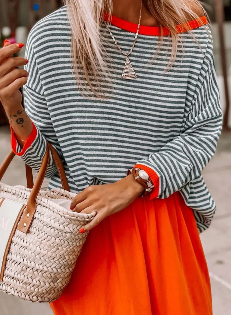 Luise - Orange, marineblau und weiß gestreifter Langarmpullover